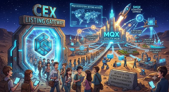 Digital illustration depicting the 'CEX LISTING GATEWAY' and 'MQX UTILITY HUB' with various labels like 'DECENTRALIZED GOVERNANCE COUNCIL', 'CONSTBLER'S FORGE', 'YIELD HARVEST FARMS', and 'DEVELOPER'S FORGE', showing people with smartphones.