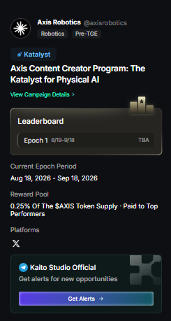 A Twitter/X post from Axis Robotics (@axisrobotics) about the 'Axis Content Creator Program: The Katalyst for Physical AI' on the Katalyst platform, with Epoch 1 dates from Aug 19 to Sep 18, 2026.