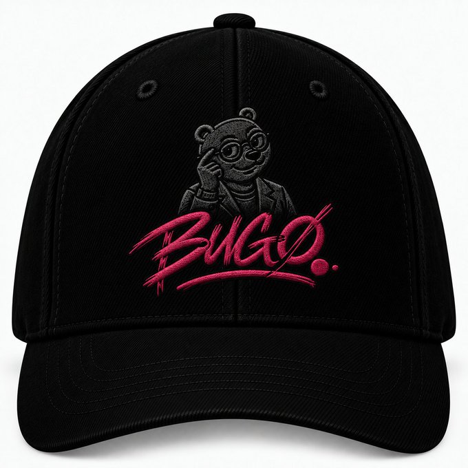A black baseball cap featuring an embroidered gray cartoon bug character with glasses and the word 'BUG'D.' in pink graffiti-style text.