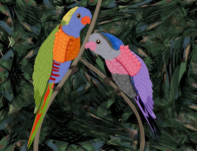 Two colorful origami-style paper birds, one green/orange and one pink/purple, perched on branches against a dark leafy background.