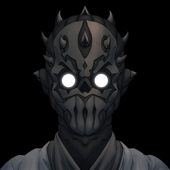 A dark illustrated character with a spiked helmet/mask featuring glowing white eyes against a black background.