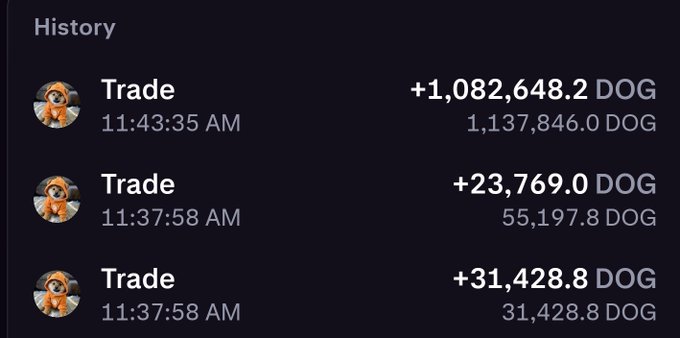 A transaction history screen showing three 'Trade' entries with a Monero logo: +1,082,648.2 DOG at 11:43:35 AM, +23,769.0 DOG at 11:37:58 AM, and +31,428.8 DOG at 11:37:58 AM.