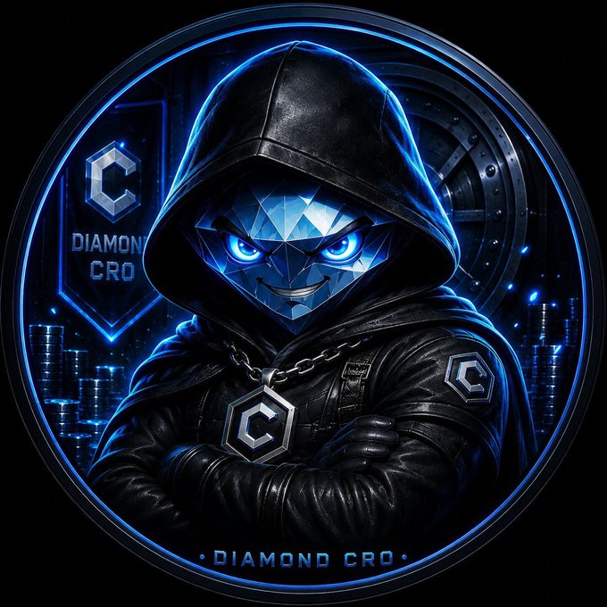A circular logo featuring a hooded figure with a diamond-shaped face and glowing blue eyes, labeled 'DIAMOND CRO' alongside a cityscape backdrop.