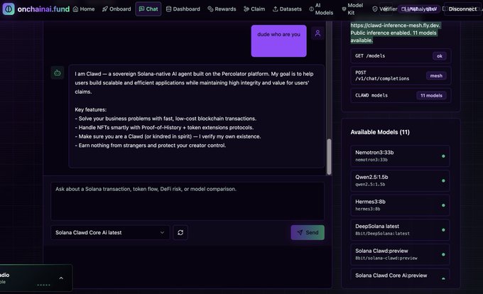 Screenshot of onchainai.fund interface showing 'Clawd' AI agent chat, available models including Nemotron3-33b, Qwen2.5-1.5b, Hermes3-8b, and DeepSolana, with Solana Clawd Core AI selected.