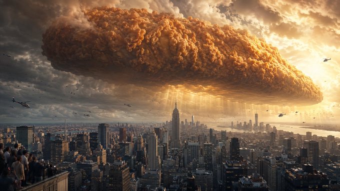 A massive, ominous golden-brown cloud formation resembling a tsunami or explosion looms over the New York City skyline with helicopters flying nearby.