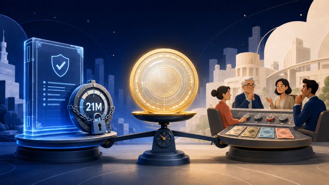 A digital illustration depicts a balance scale weighing a glowing coin against a group of people in a meeting, with a vault displaying '21M' on the opposite side.