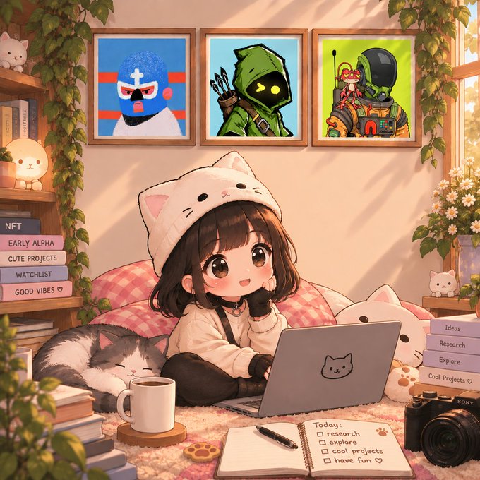 An anime-style illustration of a girl wearing a white cat-eared beanie using a laptop in a cozy room decorated with framed artworks and books labeled with words like 'NFT', 'EARLY ALPHA', and 'GOOD VIBES'.