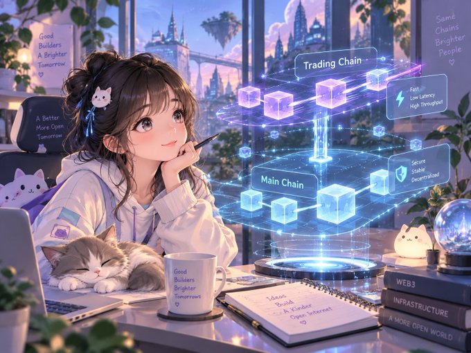 An anime-style illustration of a young woman with cat motifs sitting at a desk, looking at a glowing holographic display showing interconnected 'Main Chain' and 'Trading Chain' blocks, with a cup reading 'Good Builders Brighter Tomorrow.'