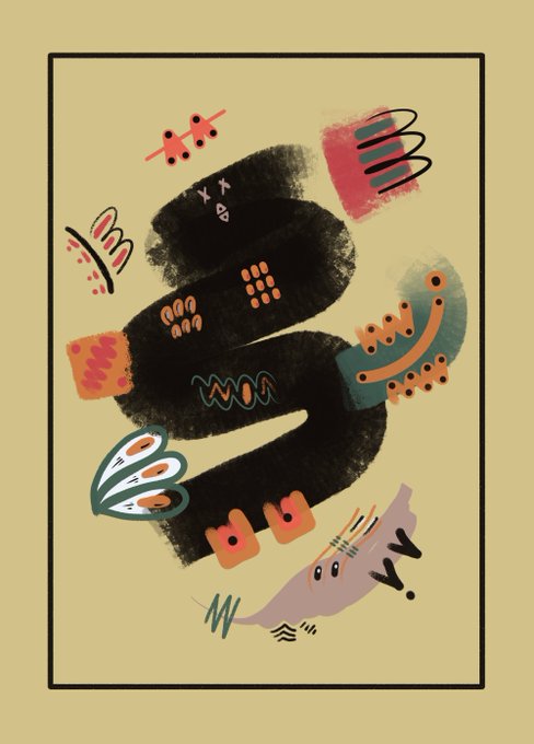 The image features a vibrant illustration of a snake-like creature with a black body and orange head, surrounded by various colorful shapes and designs. The snake is positioned at the center of the frame, drawing attention as the main subject. Surrounding the snake are other elements such as flowers, birds, and other abstract shapes that add to the overall visual appeal of the artwork. The image also includes text in the bottom right corner, which reads "I would love to thank @pengwinpants for collecting an edition of Echoes in motion on @objktcom I really appreciate this Aaron. Much love mate → 25 tezos 2/4 editions remaining".