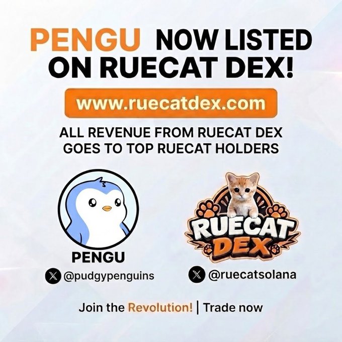 A promotional graphic announcing 'PENGU NOW LISTED ON RUECAT DEX!' with the URL www.ruecatdex.com, stating all revenue goes to top Ruecat holders, featuring the Pudgy Penguins and Ruecat Dex logos with their X handles @pudgypenguins and @ruecatsolana.