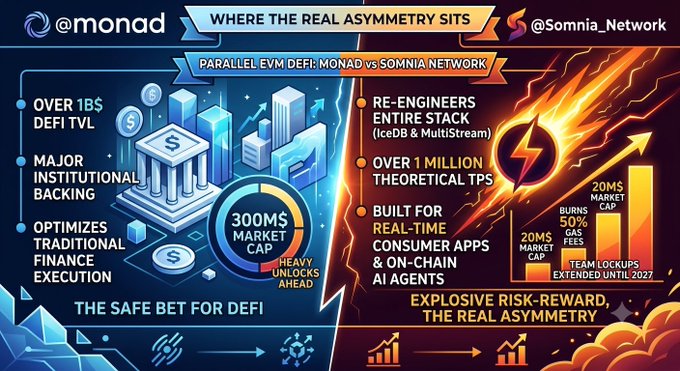 An infographic titled 'WHERE THE REAL ASYMMETRY SITS' compares '@monad' and '@Somnia_Network', highlighting features like 'OVER 1B$ DEFI TVL' and 'OVER 1 MILLION THEORETICAL TPS' with a central 300M$ market cap graphic.