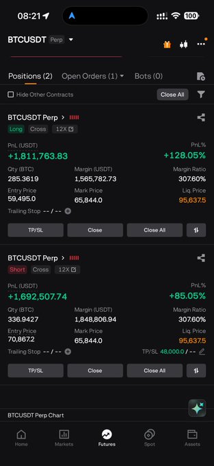 The image features a phone screen displaying stock market information from two positions in BtcUsDT. The screen displays financial data such as gains or losses for each position, along with historical quotes to compare values between different periods. This information could be relevant to a trader analyzing their portfolio's performance and making decisions about buying or selling stocks based on current market trends.