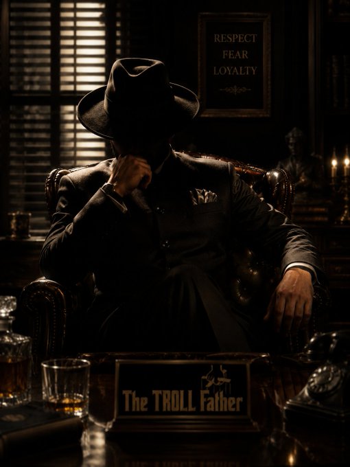 A dark, cinematic image of a man in a black suit and fedora sitting in a leather chair, with a sign reading 'The TROLL Father' and a framed picture listing 'RESPECT, FEAR, LOYALTY'.