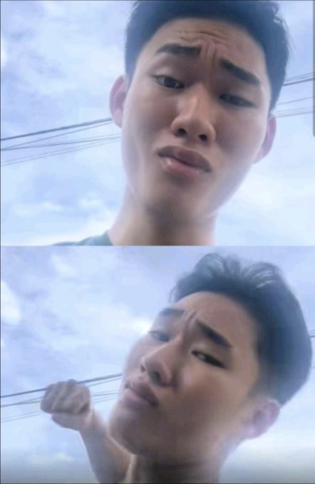 Two selfies of a young man with a surprised expression, raising his fist against a sky background.