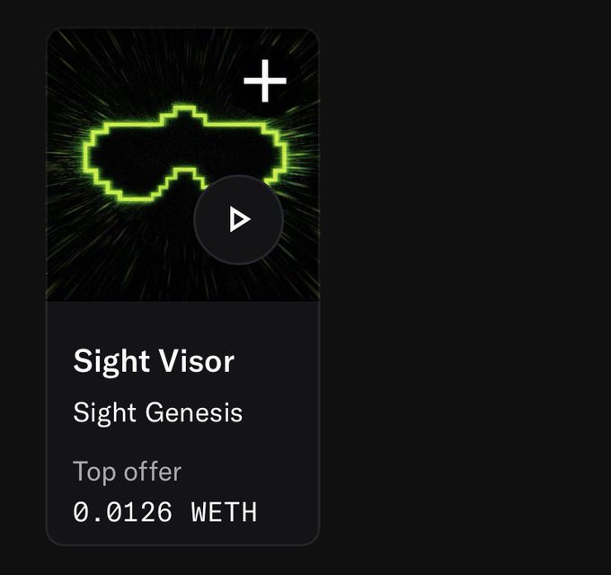 A digital NFT-style listing card showing 'Sight Visor' from the collection 'Sight Genesis' with a 'Top offer' of 0.0126 WETH.
