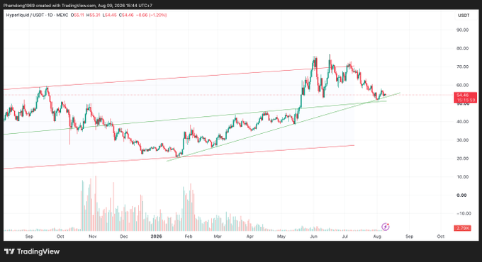 A TradingView chart of Hyperliquid (USDT) on MEXC showing the price at 54.86 with -0.66 change, displaying candlestick patterns and trendlines from September through October.
