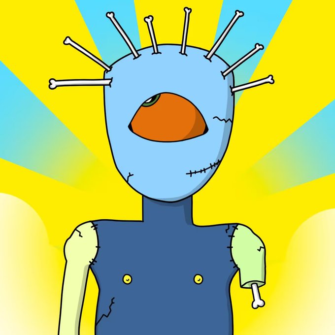 A cartoon illustration features a blue, stitched-together monster with one eye, bone spikes protruding from its head, and mismatched green arms against a yellow sunburst background.