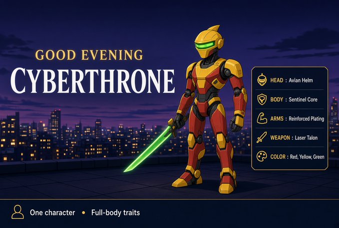 A character profile graphic titled 'GOOD EVENING CYBERTHRONE' details a red and yellow robotic figure, listing traits like 'BODY: Sentinel Core' and 'WEAPON: Laser Talon'.