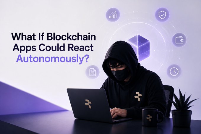 A marketing image with the text 'What If Blockchain Apps Could React Autonomously?' showing a masked figure in a black hoodie using a laptop branded with the t1 logo, surrounded by floating icons representing analytics, security, wallets, and time.