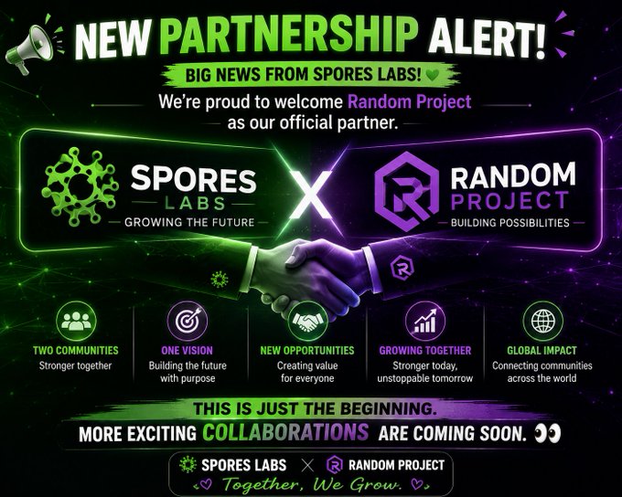 A promotional graphic announcing a new partnership between Spores Labs and Random Project, featuring their logos, a handshake illustration, and key values like "Two Communities" and "Global Impact" under the headline "NEW PARTNERSHIP ALERT!"