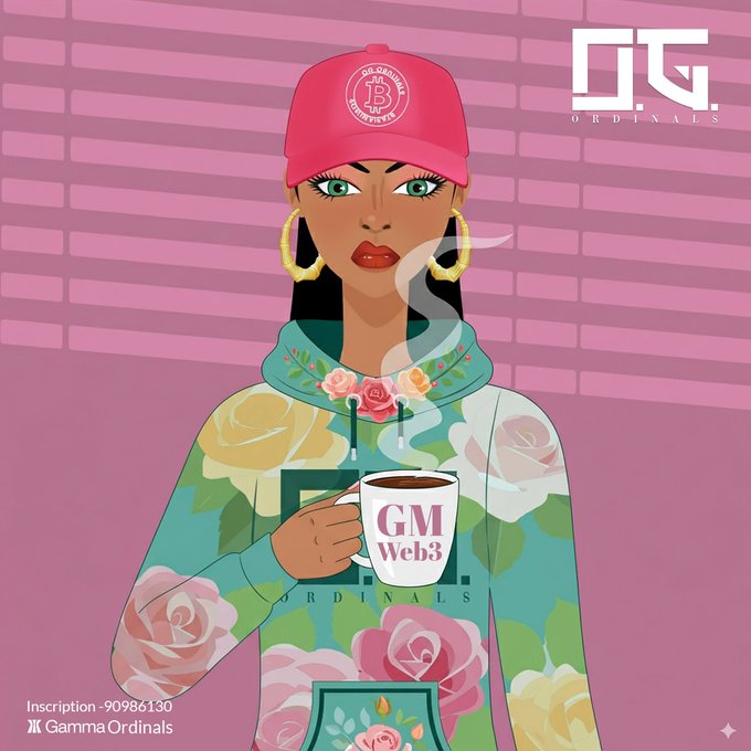 Illustration of a woman wearing a red cap and floral hoodie holding a 'GM Web3' coffee mug, with 'DG ORDINALS' logo and 'Inscription 90986130' text visible.
