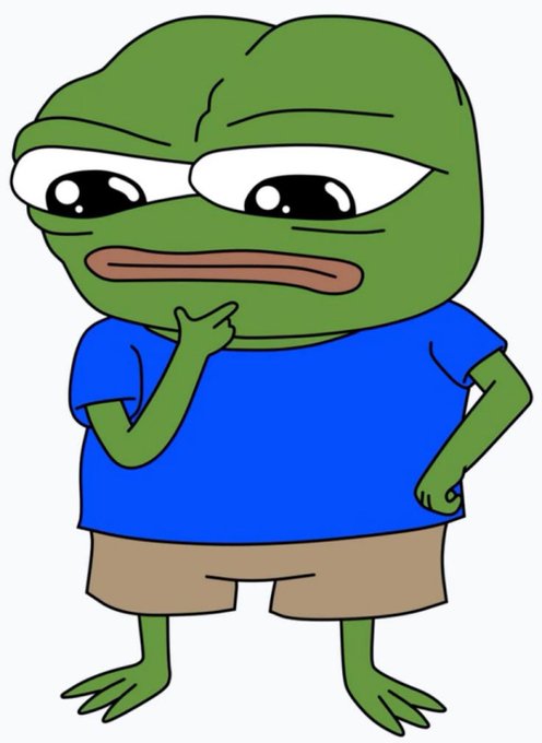 The image shows Pepe the Frog in his "thinking" pose with a skeptical, contemplative expression, hand on his chin while wearing a blue shirt and tan shorts. The meme relates to the post's questioning tone about whether to continue using Robinhood or switch to a different blockchain/exchange, with Pepe's doubtful expression humorously capturing the user's uncertainty about their current platform.