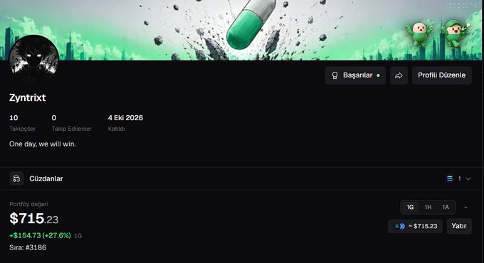A Steam profile page for user 'Zyntrixt' with the bio 'One day, we will win.', showing 10 followers, 0 following, 4 Eki 2026 join date, and a portfolio value of $715.23.