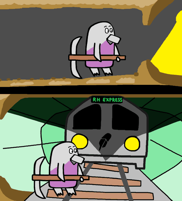 A two-panel cartoon showing a character with a duck-like bill holding a pickaxe, first standing in a cave, then standing on train tracks in front of a train labeled 'AH EXPRESS'.