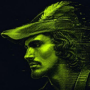A stylized green-tinted digital portrait shows a man with shoulder-length hair wearing a wide-brimmed hat, rendered with a glitchy, pixelated aesthetic.