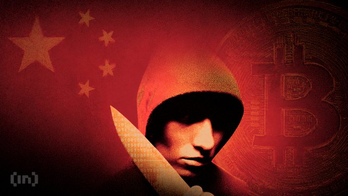 The image features a person wearing a red hoodie holding a knife over their head against a backdrop of a red flag with Chinese characters. The scene suggests an atmosphere of danger or threat, possibly related to the Bitcoin world. The presence of the knife and the red flag could symbolize a sense of danger or instability in the Bitcoin market, as it is often associated with anonymity and potential risks. The image might be trying to convey a message about the importance of being cautious when dealing with Bitcoins or cryptocurrencies, given their association with shady activities like money laundering and illegal transactions.