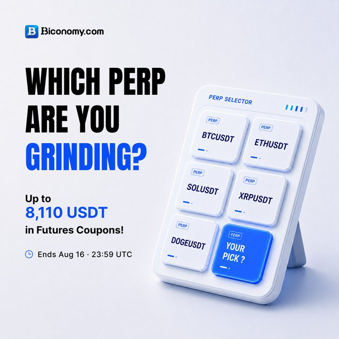An advertisement for Biconomy.com asking 'WHICH PERP ARE YOU GRINDING?' with up to 8,110 USDT in futures coupons, showing a digital interface listing trading pairs like BTCUSDT, ETHUSDT, SOLUSDT, XRPUSDT, and DOGEUSDT.