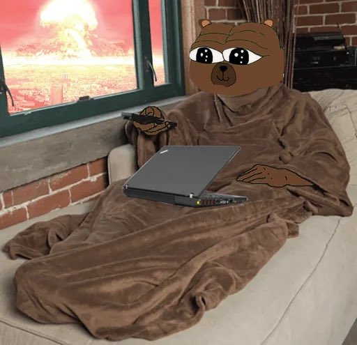 An image of a person in a brown bear blanket onesie holding a laptop, with a cartoon bear face with sparkling eyes edited over their head, and a mushroom cloud explosion visible through the window behind them.