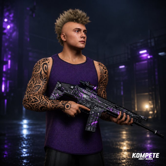 A video game character with a mohawk, tribal tattoos, and a purple tank top holds a purple-patterned rifle against a dark, neon-lit industrial backdrop, with "KOMPETE EARLY ACCESS" text in the corner.