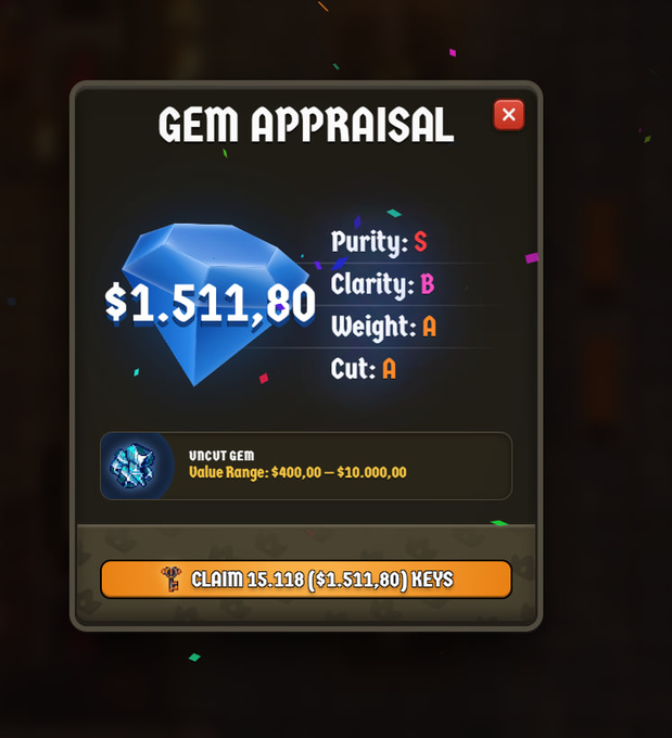 A 'Gem Appraisal' pop-up window showing a blue diamond valued at $1,511.80 with stats Purity: S, Clarity: B, Weight: A, Cut: A, offering a claim button for 15,118 KEYS.