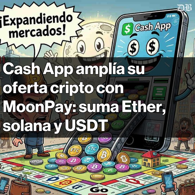 A cartoon illustration showing Cash App expanding its crypto offerings with MoonPay, featuring text: 'Cash App amplía su oferta cripto con MoonPay: suma Ether, solana y USDT' and '¡Expandiendo mercados!'.