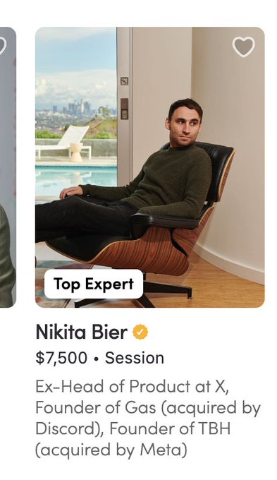 The image shows a profile card for Nikita Bier, listed as a "Top Expert" charging $7,500 per session, with credentials noting him as the Ex-Head of Product at X and founder of TBH (acquired by Meta). The caption relates to the post by highlighting how the user paid his advertised session fee to ask how to fix the X algorithm for crypto, only to receive the surprising admission that even insiders don't know how to make it work.