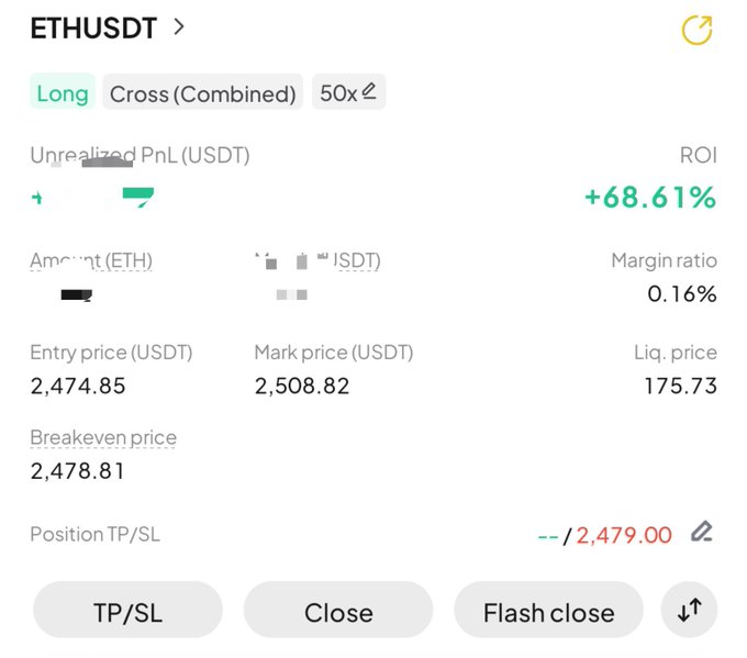 The image displays a leveraged ETHUSDT long position on what appears to be a trading platform, showing a +68.61% ROI with a 50x leverage, entry price of $2,474.85, mark price of $2,508.82, and a very low margin ratio of 0.16%, illustrating a highly profitable long trade that aligns with the post's point about strong long dominance flagged by the AI.