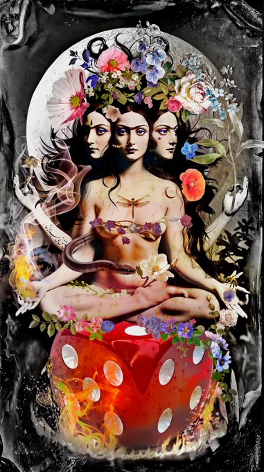 A mystical fantasy artwork depicting a three-faced female deity with four arms sitting in a meditative pose atop a red mushroom, surrounded by flowers and a dragonfly, with crescent moon imagery.