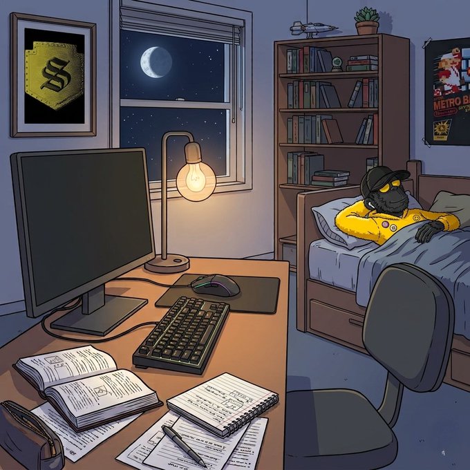 A digital illustration of a bedroom at night with a person in a yellow hoodie and cap lying in bed, a moon visible through the window, and a desk with a computer, books, and papers in the foreground.