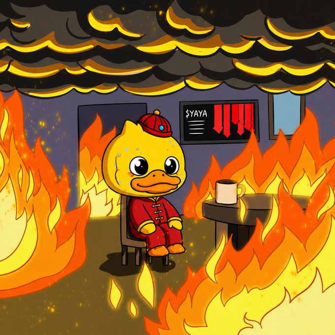 A cartoon illustration of a yellow duck wearing a red traditional Chinese outfit, sitting calmly on a chair surrounded by flames and dark smoke. A sign in the background reads '$YAYA' with red downward arrows.