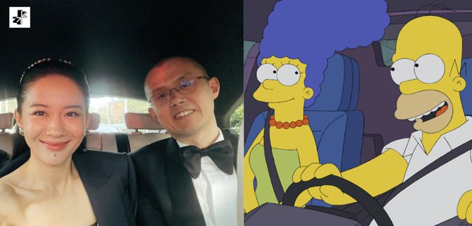 A split image showing a real couple in formal attire taking a selfie on the left, compared to an animated screenshot of Marge and Homer Simpson in a car from The Simpsons on the right.