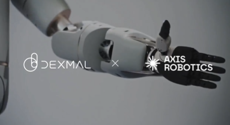 A robotic arm with a black-gripped hand is shown against a gray background, overlaid with logos for "DEXMAL" and "AXIS ROBOTICS" separated by an "X" symbol, visually representing the announced partnership between the two companies to develop data infrastructure for embodied intelligence and robotics.