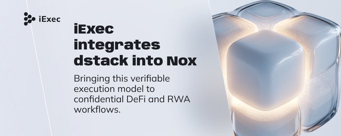A promotional banner stating 'iExec integrates dstack into Nox', bringing a 'verifiable execution model to confidential DeFi and RWA workflows,' with the iExec logo visible.
