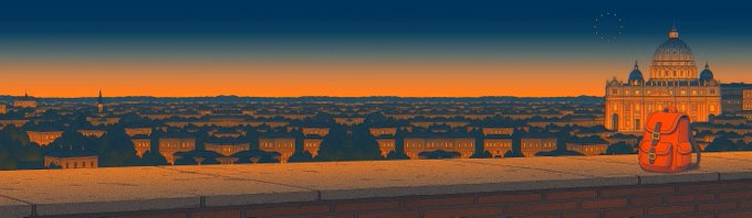An orange backpack sits atop a brick wall overlooking a Roman cityscape at sunset, with St. Peter's Basilica illuminated in the distance. The scene frames a weary traveler pausing to reflect on their foresight about Binance's regulatory troubles.