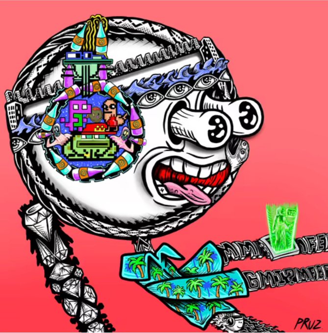 A surreal, psychedelic illustration by PROZ on a pink background depicting a distorted face with multiple eyes and a cow-like snout alongside tropical island motifs.