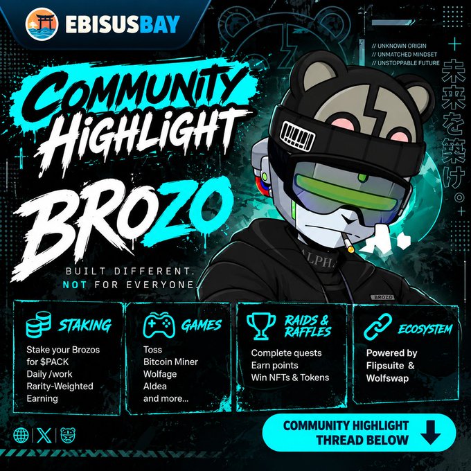 A promotional graphic for 'EbisuBay Community Highlight Brozo' featuring a cartoon bear character with VR goggles, listing categories: Staking, Games, Raids & Raffles, and Ecosystem.