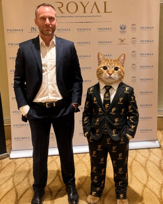 A man in a dark suit poses beside a person in an orange cat suit wearing a matching patterned suit, standing in front of a backdrop featuring "ROYA" and repeated "PROMAX PROPERTIES U.S.A." logos. The caption playfully suggests the man is the "human" companion of the costumed cat figure.