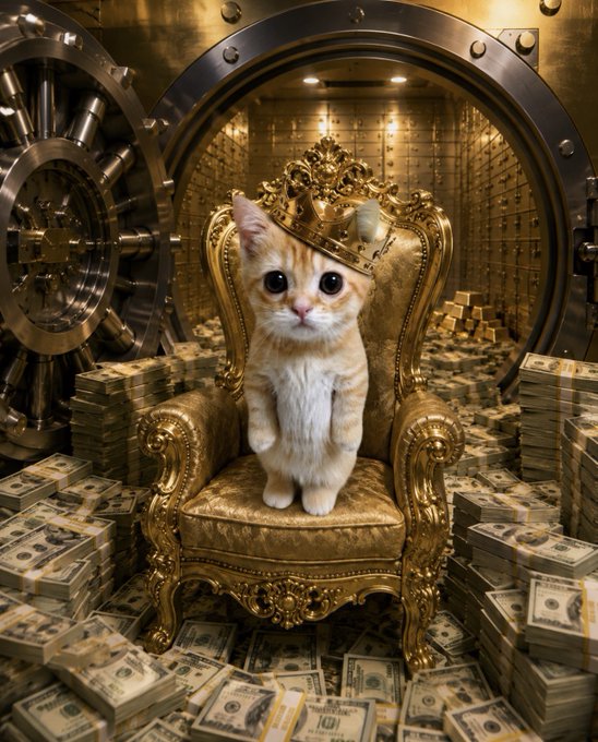 A ginger kitten wearing a golden crown sits regally on an ornate throne inside a massive bank vault filled with stacks of $100 bills. The image plays on the "drop your eth wallet" prompt by humorously posing the cat as a wealthy "king" of crypto riches, inviting viewers to share their Ethereum wallets with the regal moggy.