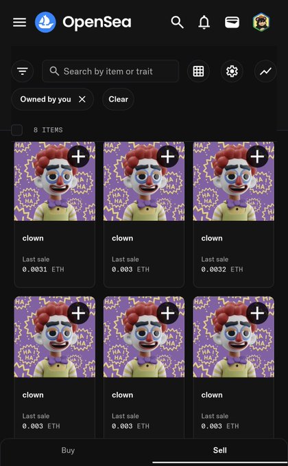 A screenshot of the OpenSea marketplace displays several "clown" NFT items from the @888s_Society collection, with recent sale prices ranging from 0.003 to 0.0032 ETH. The image visually confirms the user's interest in the items mentioned in the post, showing the specific character assets being traded.