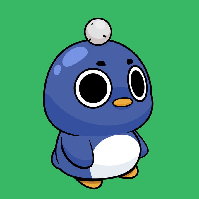 A cartoon illustration of a round blue penguin-like character with large black eyes, a white belly, and a small white sphere balanced on its head, set against a green background.